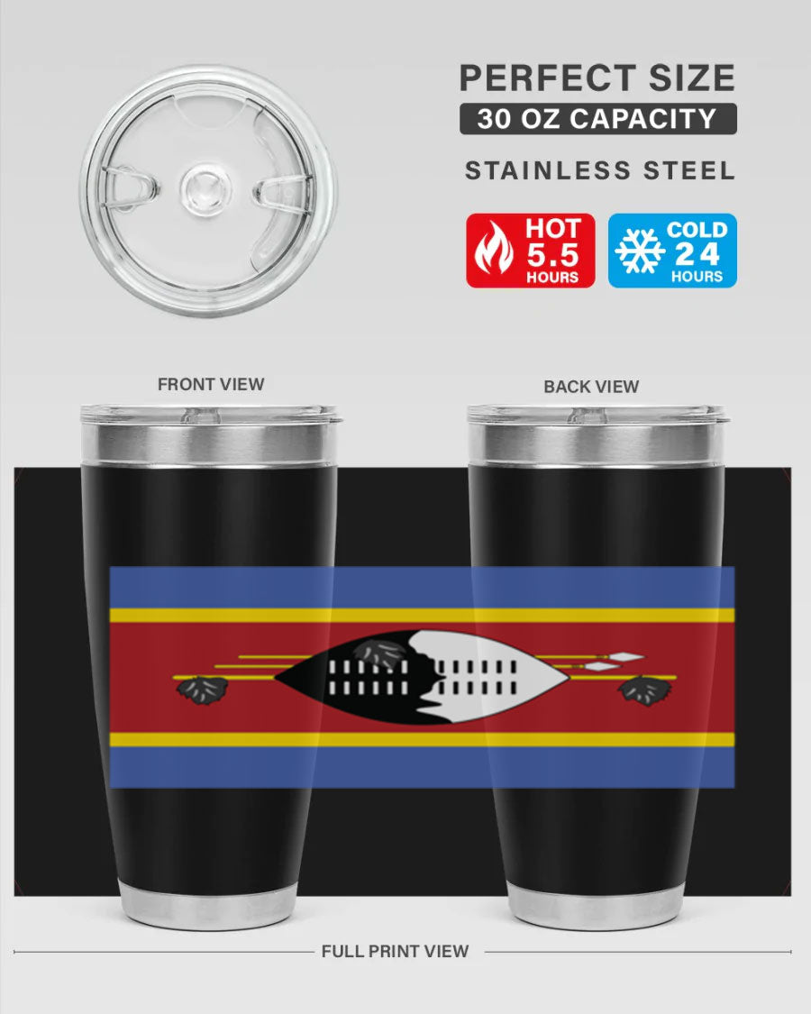 Eswatini 141# Tumbler featuring the Eswatini flag design, made of stainless steel with a double wall vacuum for insulation.