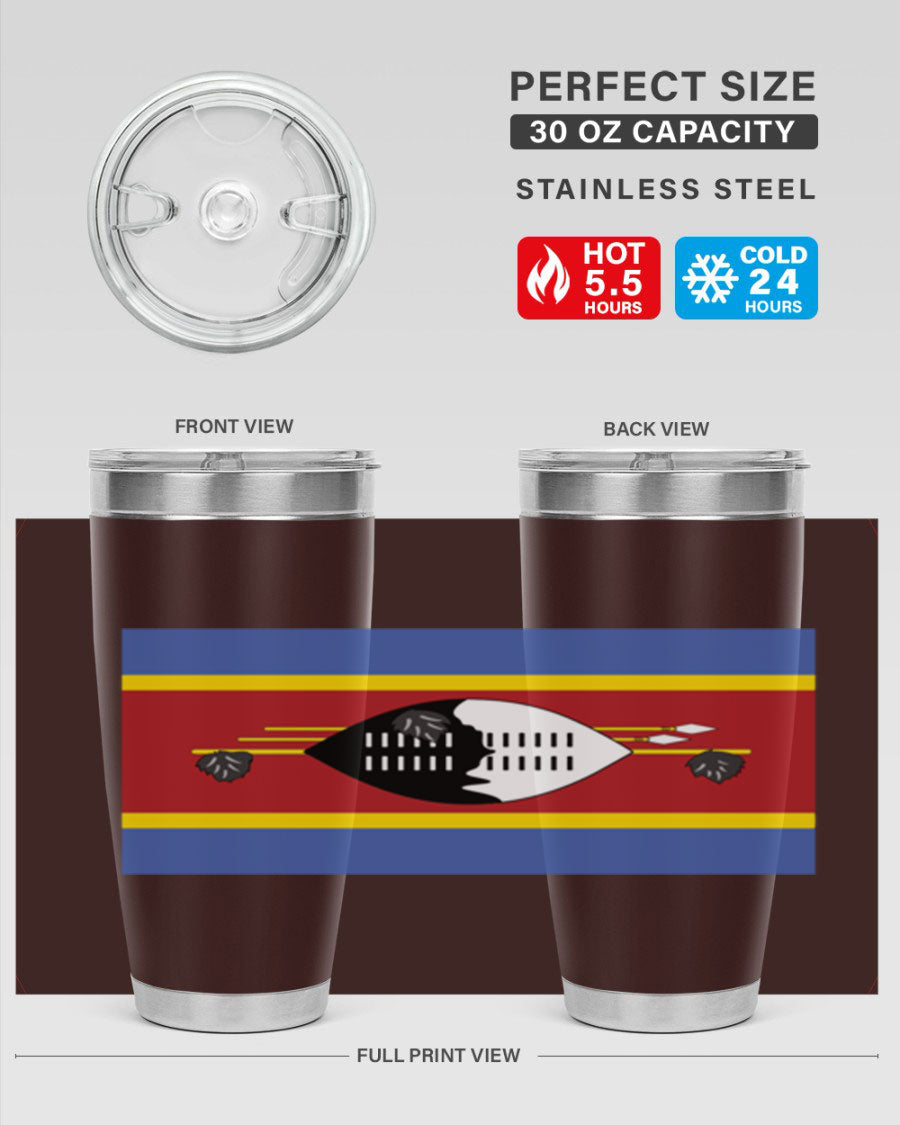 Eswatini 141# Tumbler featuring the Eswatini flag design, made of stainless steel with a double wall vacuum for insulation.