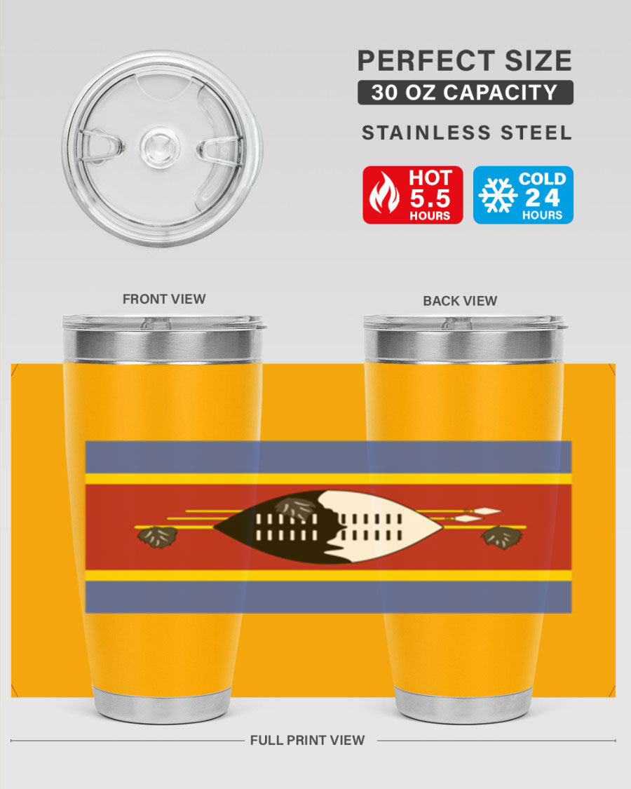 Eswatini 141# Tumbler featuring the Eswatini flag design, made of stainless steel with a double wall vacuum for insulation.