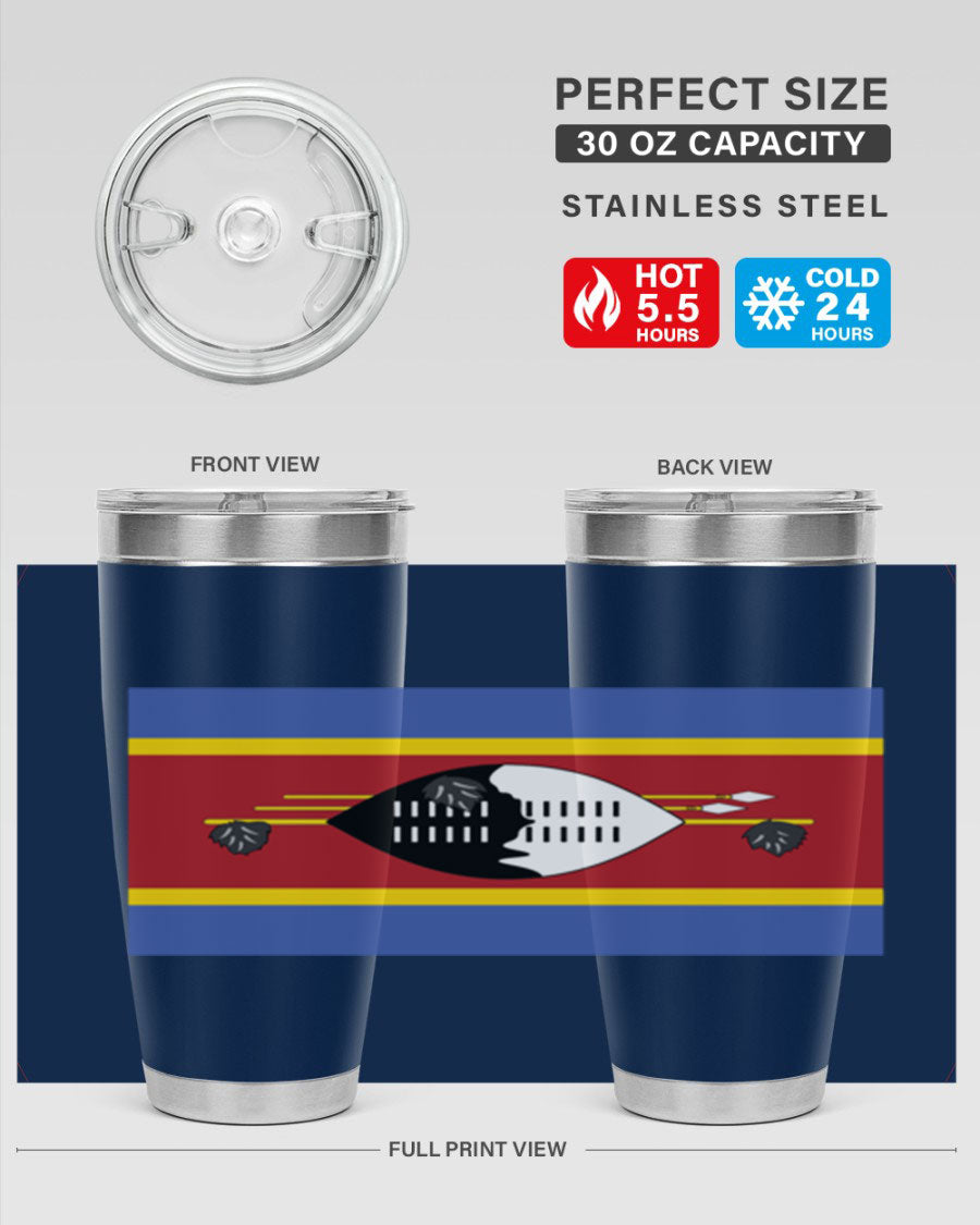Eswatini 141# Tumbler featuring the Eswatini flag design, made of stainless steel with a double wall vacuum for insulation.