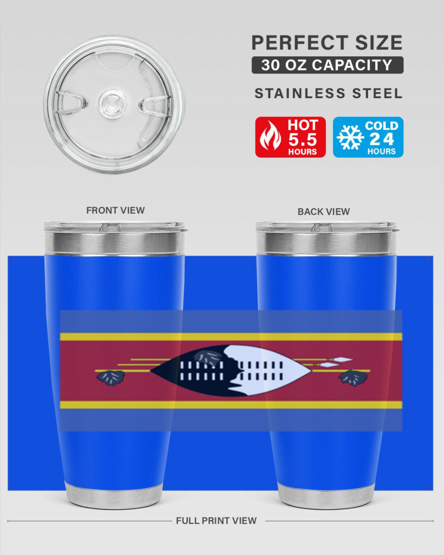 Eswatini 141# Tumbler featuring the Eswatini flag design, made of stainless steel with a double wall vacuum for insulation.