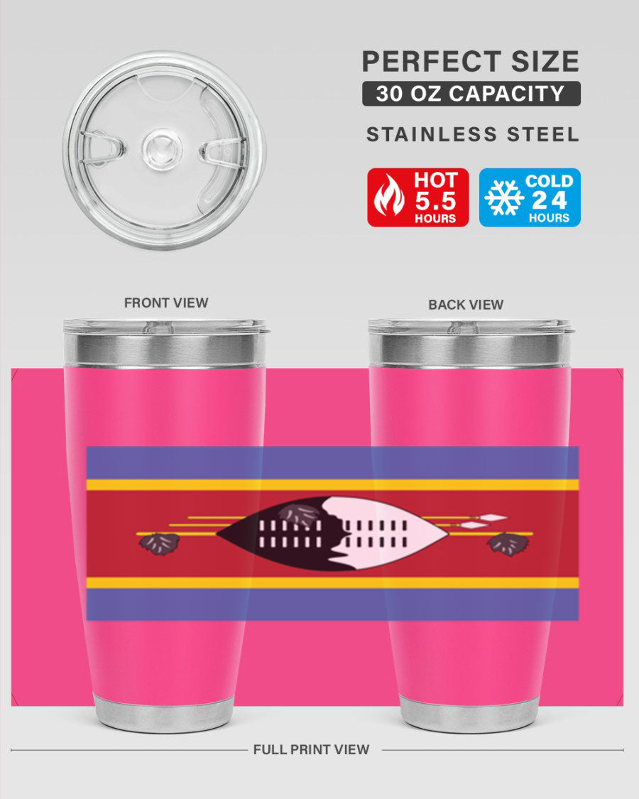Eswatini 141# Tumbler featuring the Eswatini flag design, made of stainless steel with a double wall vacuum for insulation.