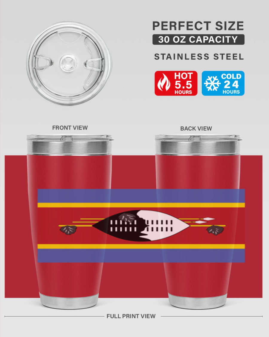 Eswatini 141# Tumbler featuring the Eswatini flag design, made of stainless steel with a double wall vacuum for insulation.