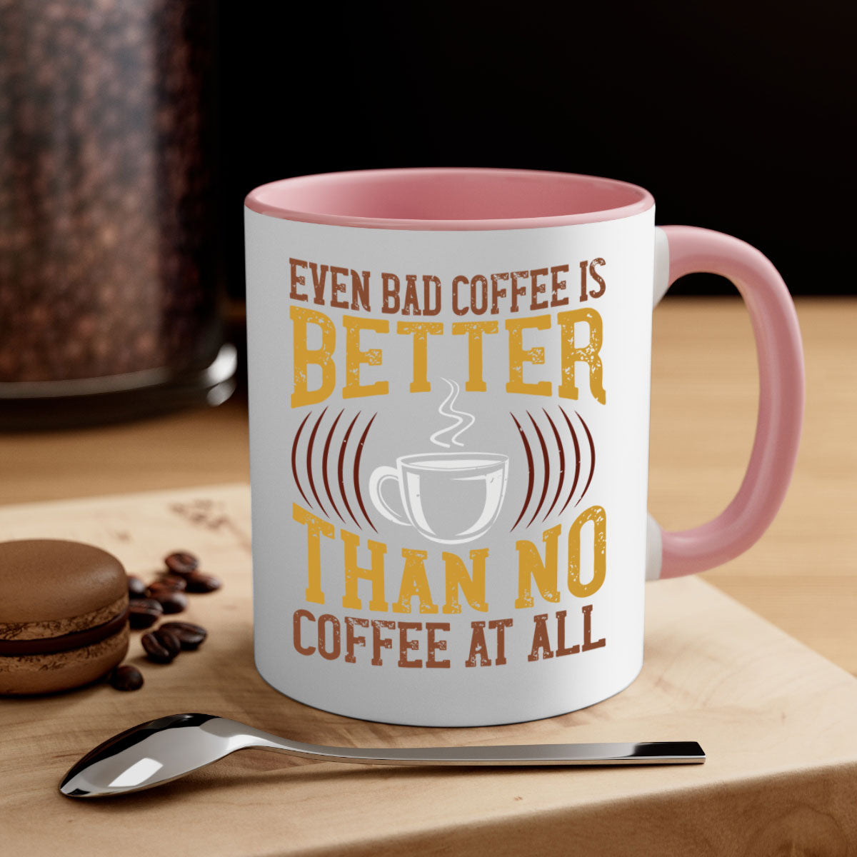 Two-tone ceramic coffee mug with a humorous quote, available in multiple colors and sizes.