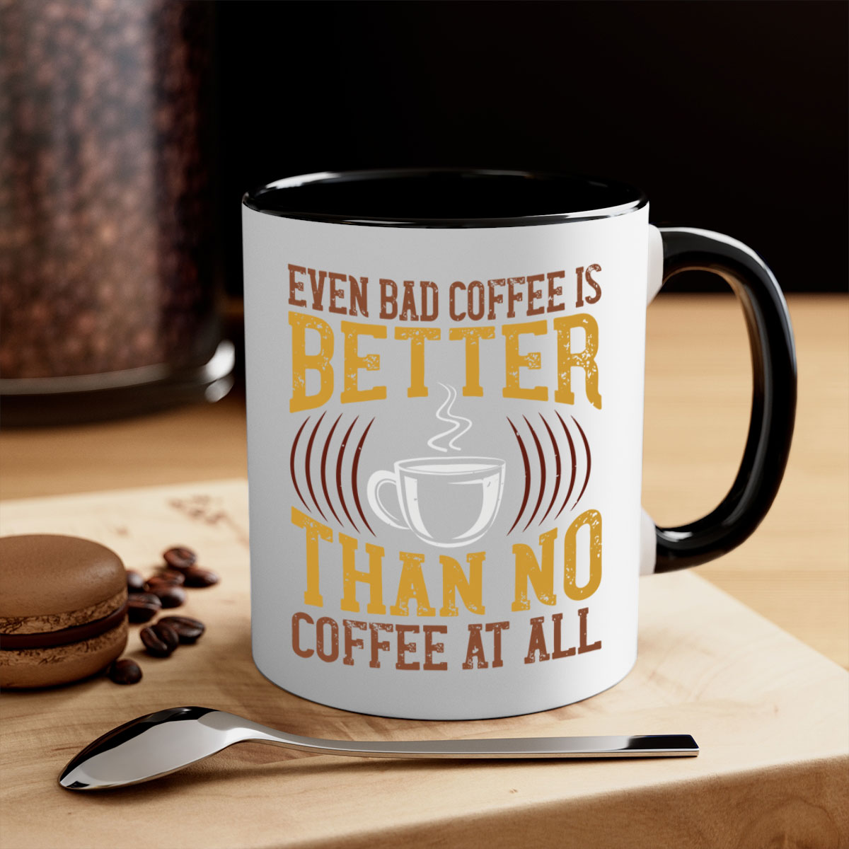 Two-tone ceramic coffee mug with a humorous quote, available in multiple colors and sizes.