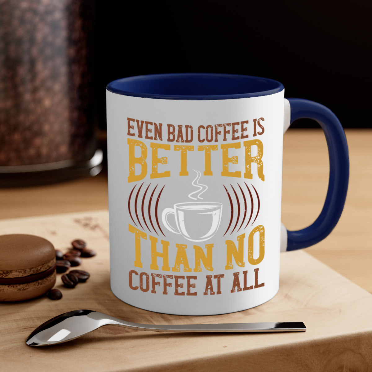 Two-tone ceramic coffee mug with a humorous quote, available in multiple colors and sizes.