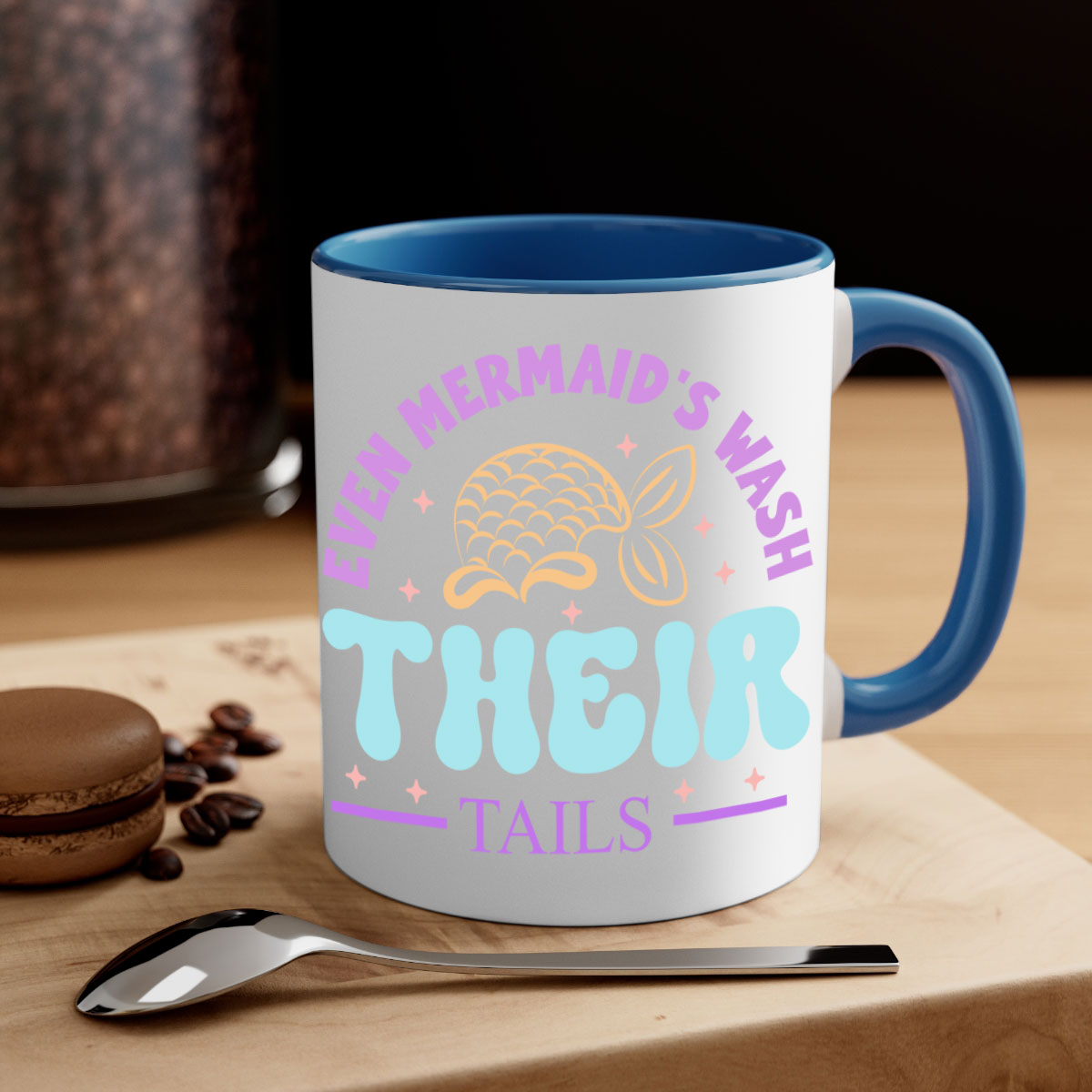 Even Mermaids Wash their Tails mug featuring a glossy finish, colorful handle, and interior, available in multiple sizes.