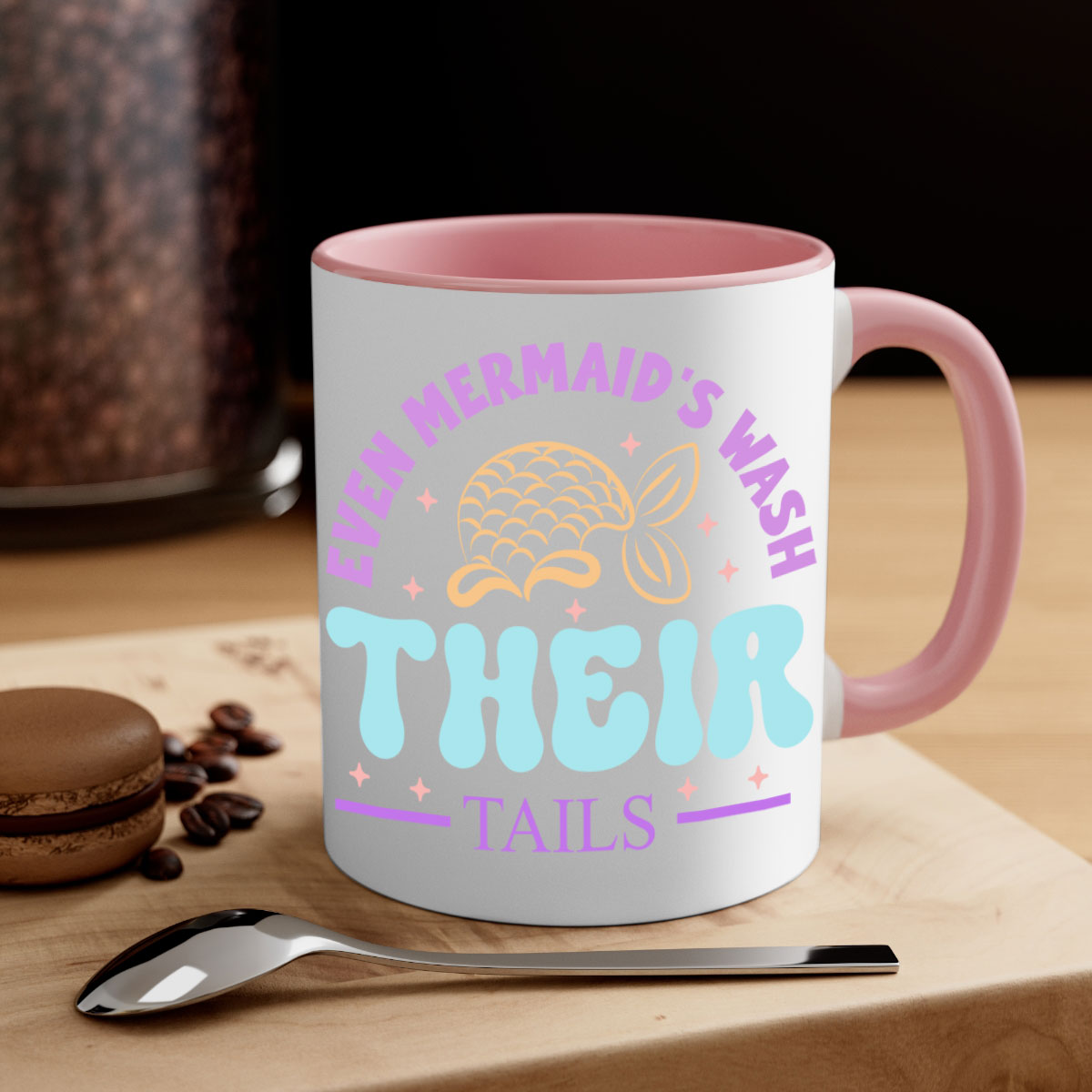 Even Mermaids Wash their Tails mug featuring a glossy finish, colorful handle, and interior, available in multiple sizes.