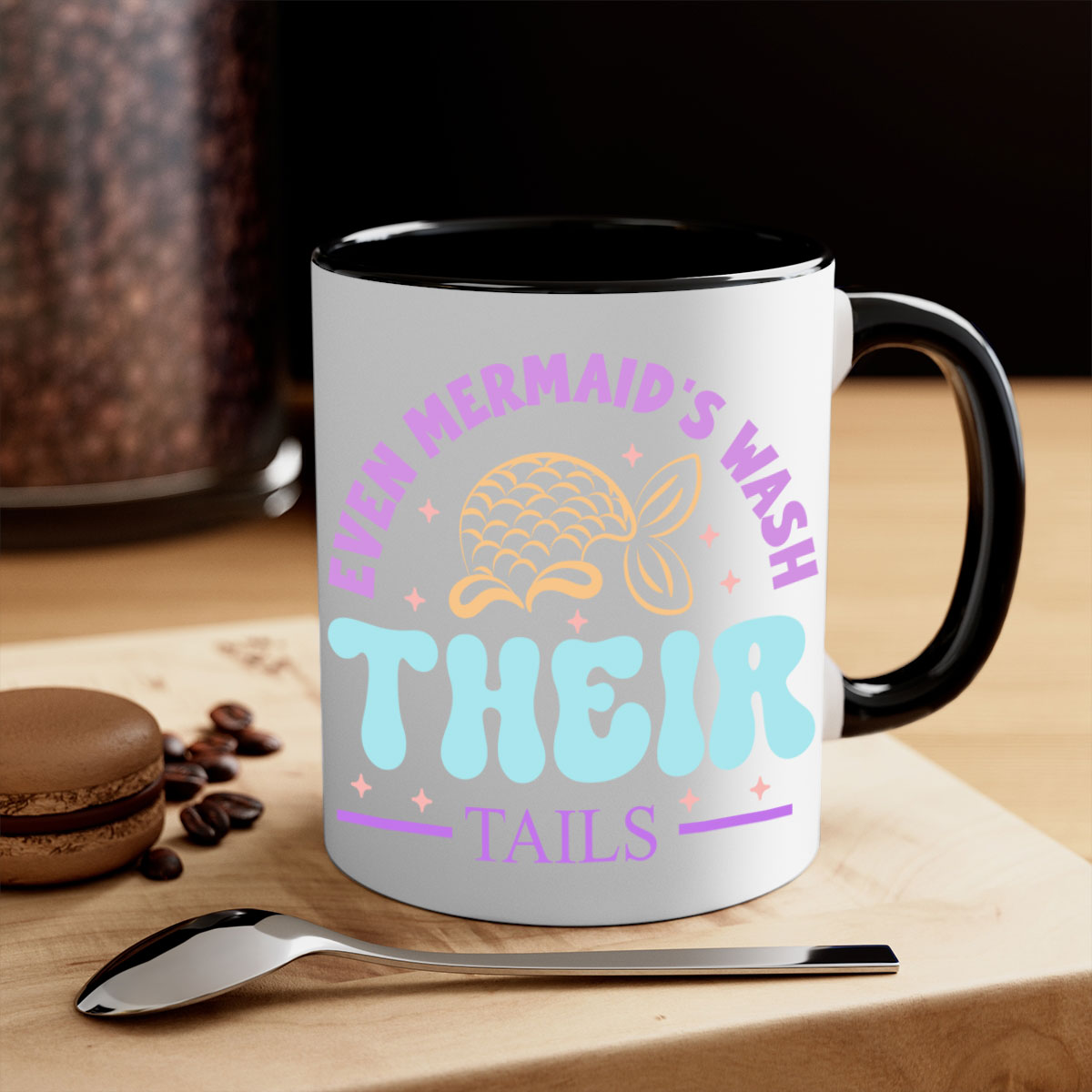 Even Mermaids Wash their Tails mug featuring a glossy finish, colorful handle, and interior, available in multiple sizes.