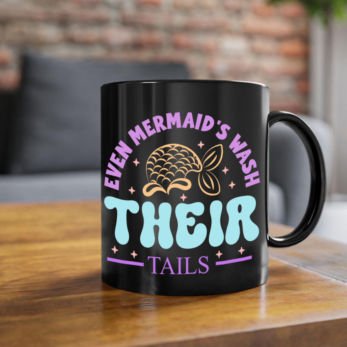 Even Mermaids Wash their Tails mug featuring a glossy finish, colorful handle, and interior, available in multiple sizes.