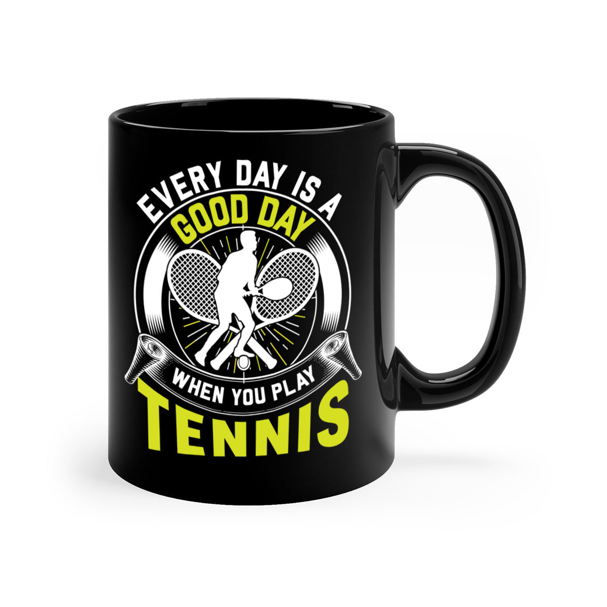 Every Day is a Good Day in Tennis Mug with colorful handle and glossy finish, available in multiple sizes.