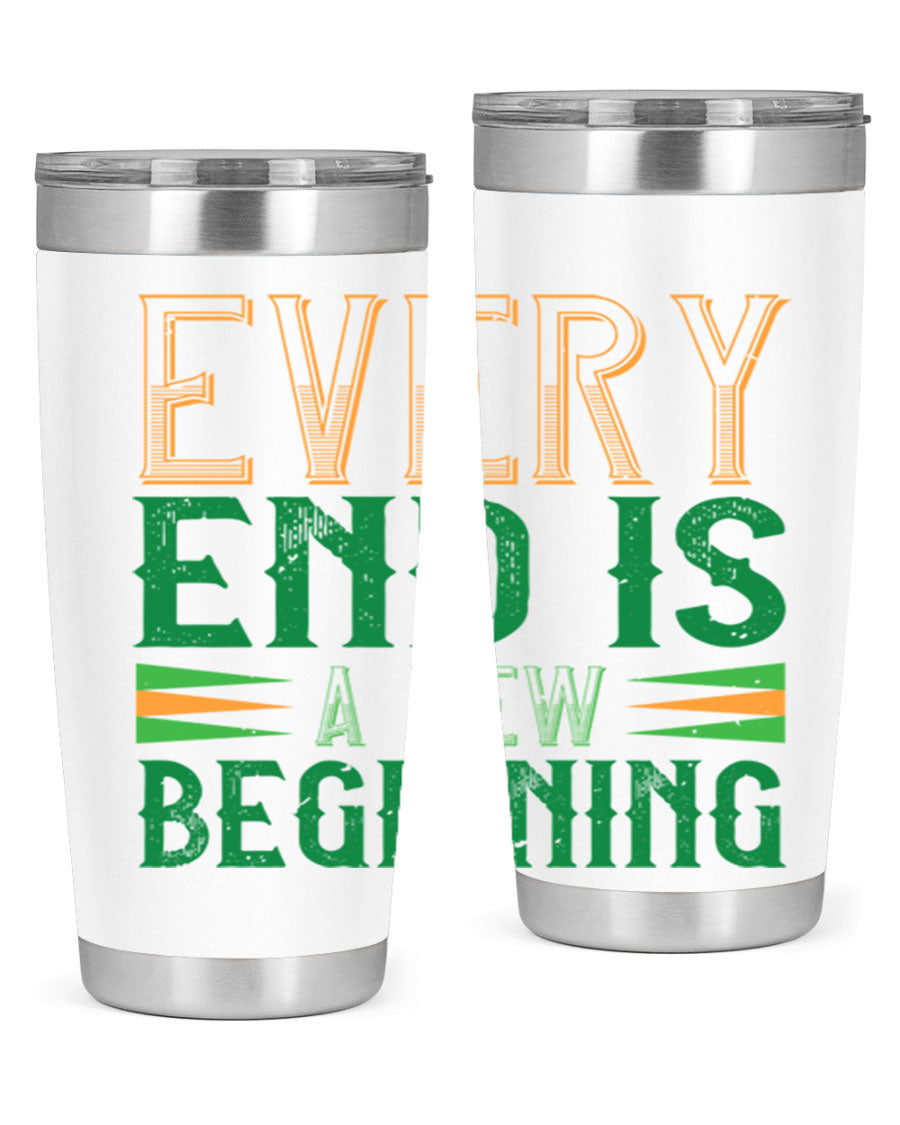 Every End is a New Beginning tumbler featuring a vibrant design, double wall vacuum stainless steel construction, and a press-in lid, perfect for hot and cold beverages.