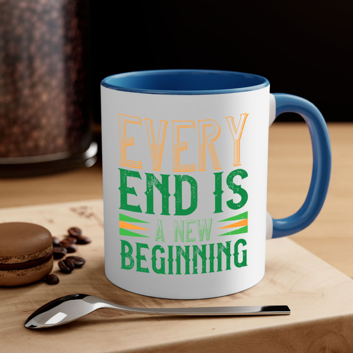 Every End is a New Beginning Style 138# Mug with a glossy finish, featuring a colored handle and interior, available in multiple colors.