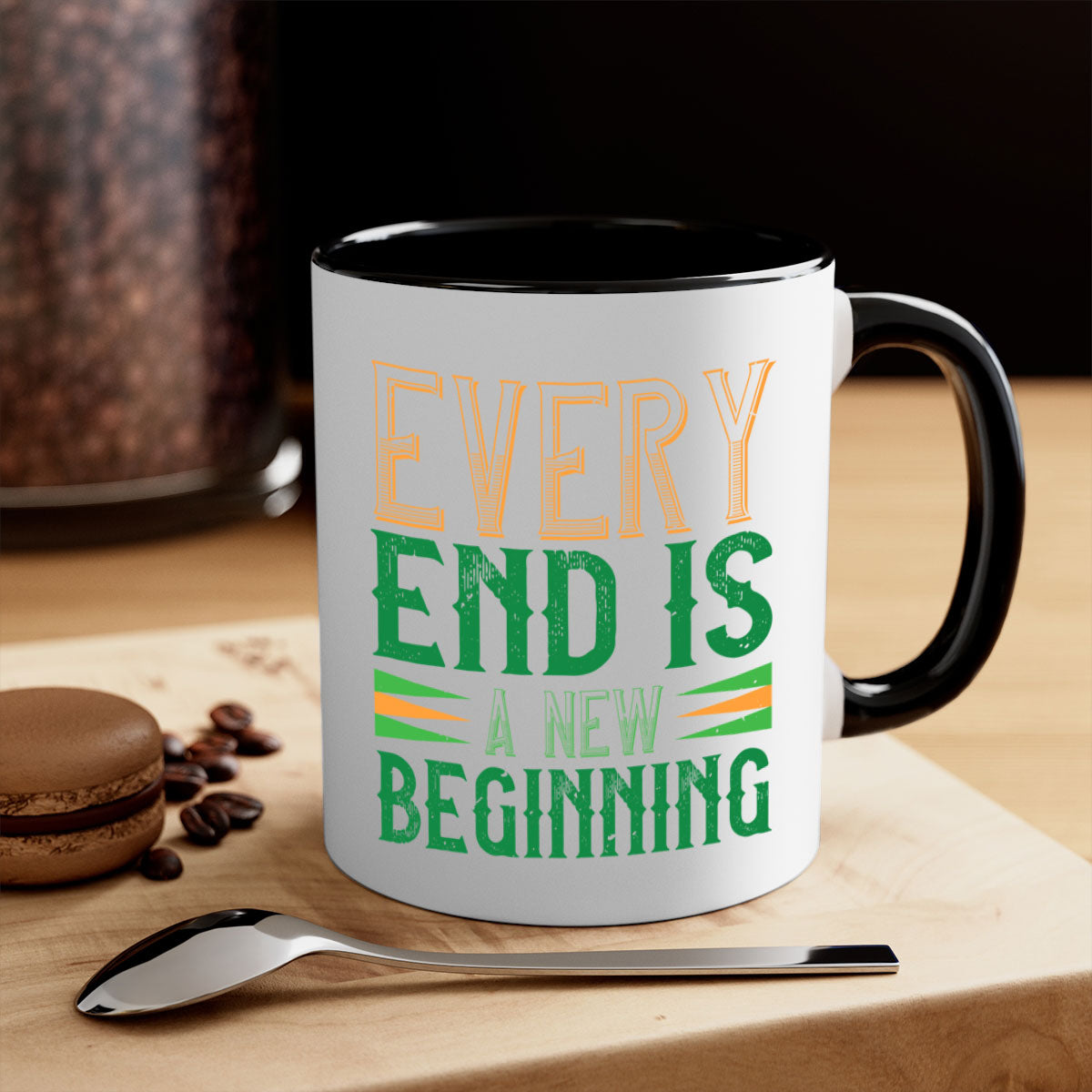 Every End is a New Beginning Style 138# Mug with a glossy finish, featuring a colored handle and interior, available in multiple colors.