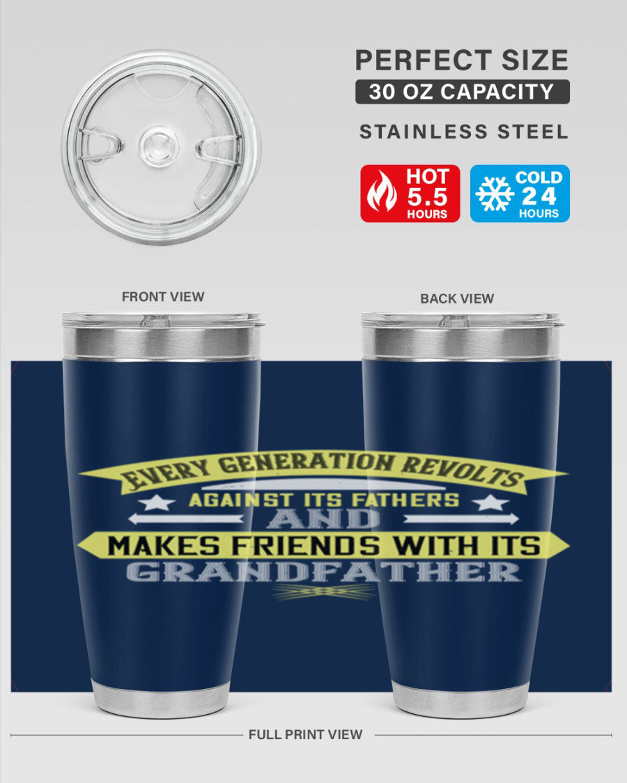 Every Generation Revolts Against Its Fathers Tumbler in stainless steel, showcasing its sleek design and drink-thru lid.