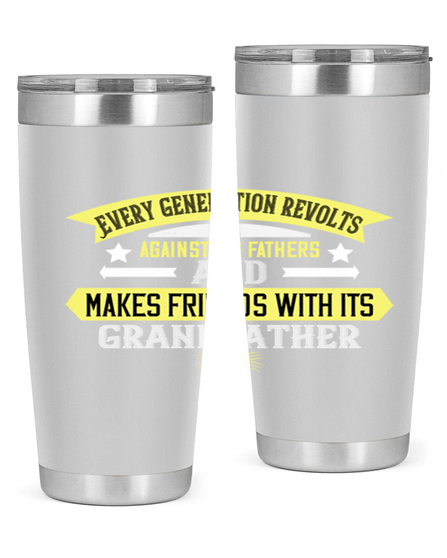 Every Generation Revolts Against Its Fathers Tumbler in stainless steel, showcasing its sleek design and drink-thru lid.