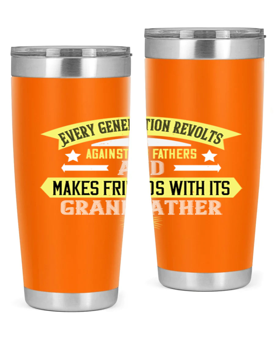 Every Generation Revolts Against Its Fathers Tumbler in stainless steel, showcasing its sleek design and drink-thru lid.