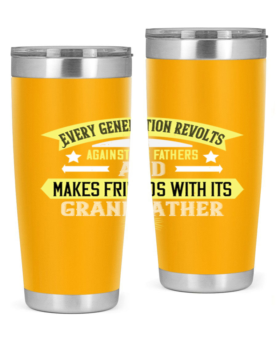 Every Generation Revolts Against Its Fathers Tumbler in stainless steel, showcasing its sleek design and drink-thru lid.