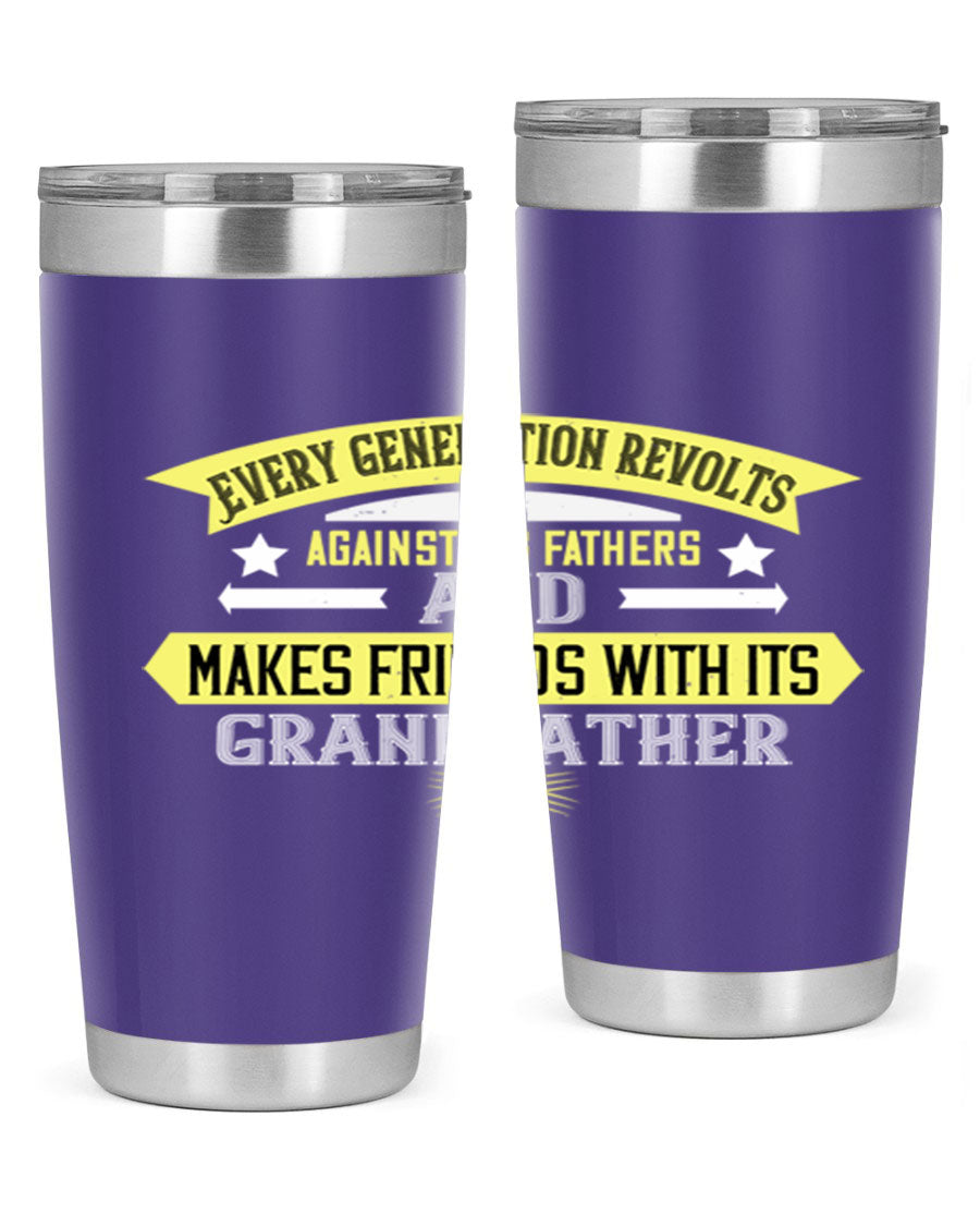 Every Generation Revolts Against Its Fathers Tumbler in stainless steel, showcasing its sleek design and drink-thru lid.