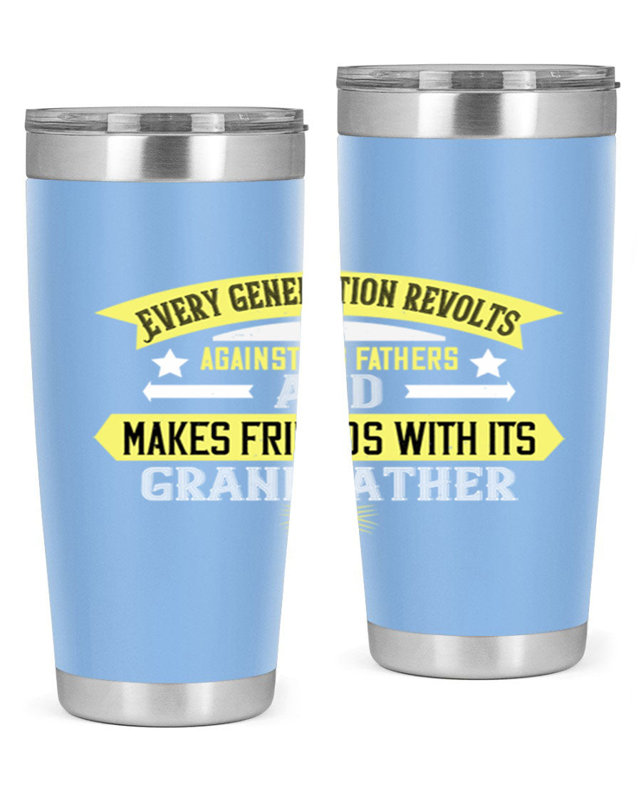 Every Generation Revolts Against Its Fathers Tumbler in stainless steel, showcasing its sleek design and drink-thru lid.
