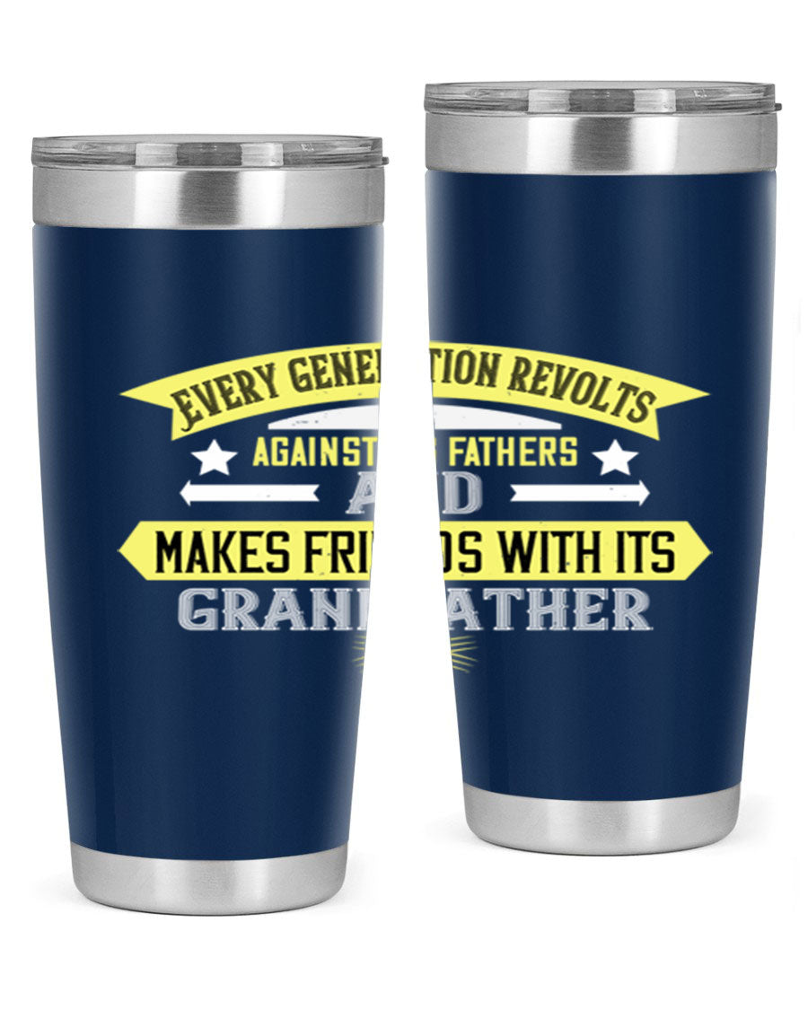 Every Generation Revolts Against Its Fathers Tumbler in stainless steel, showcasing its sleek design and drink-thru lid.