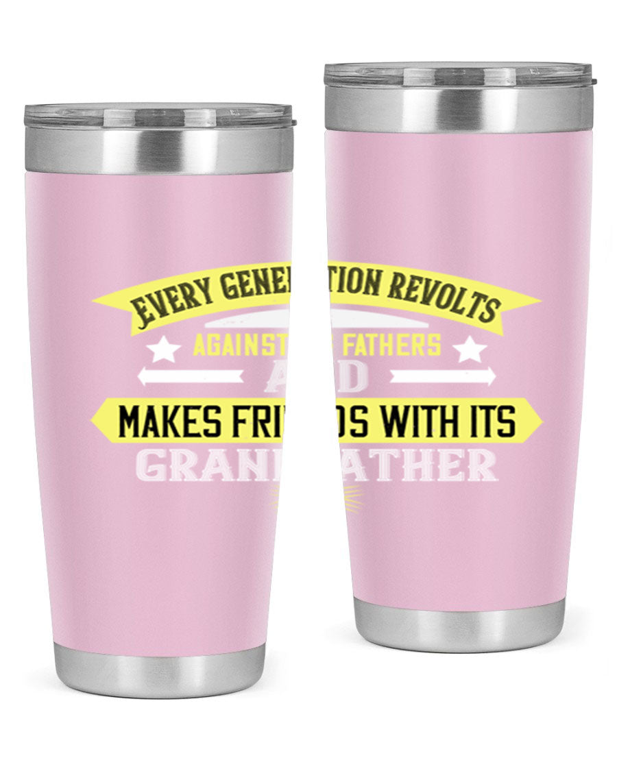 Every Generation Revolts Against Its Fathers Tumbler in stainless steel, showcasing its sleek design and drink-thru lid.
