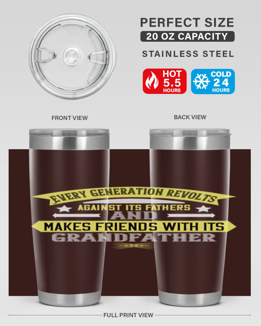 Every Generation Revolts Against Its Fathers Tumbler in stainless steel, showcasing its sleek design and drink-thru lid.