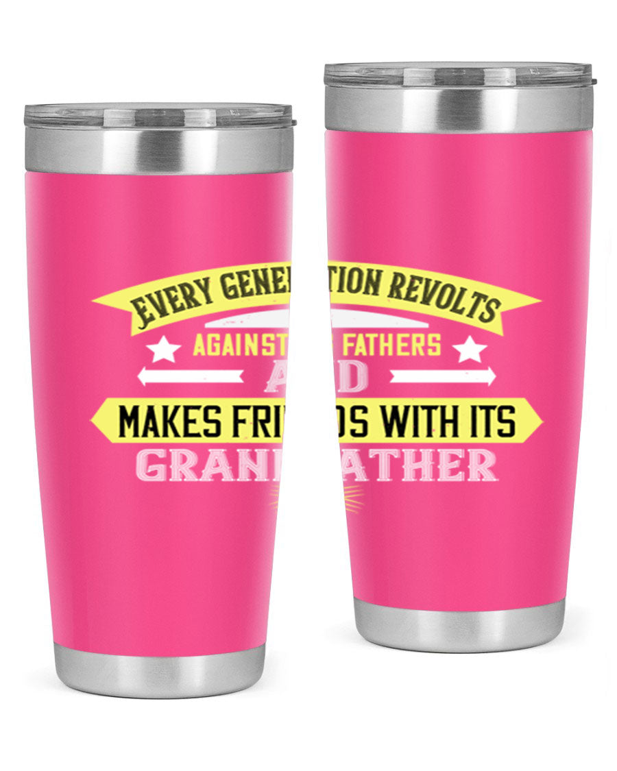 Every Generation Revolts Against Its Fathers Tumbler in stainless steel, showcasing its sleek design and drink-thru lid.