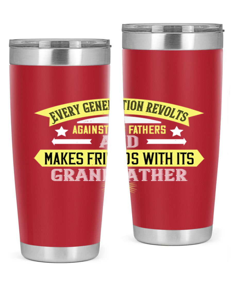Every Generation Revolts Against Its Fathers Tumbler in stainless steel, showcasing its sleek design and drink-thru lid.