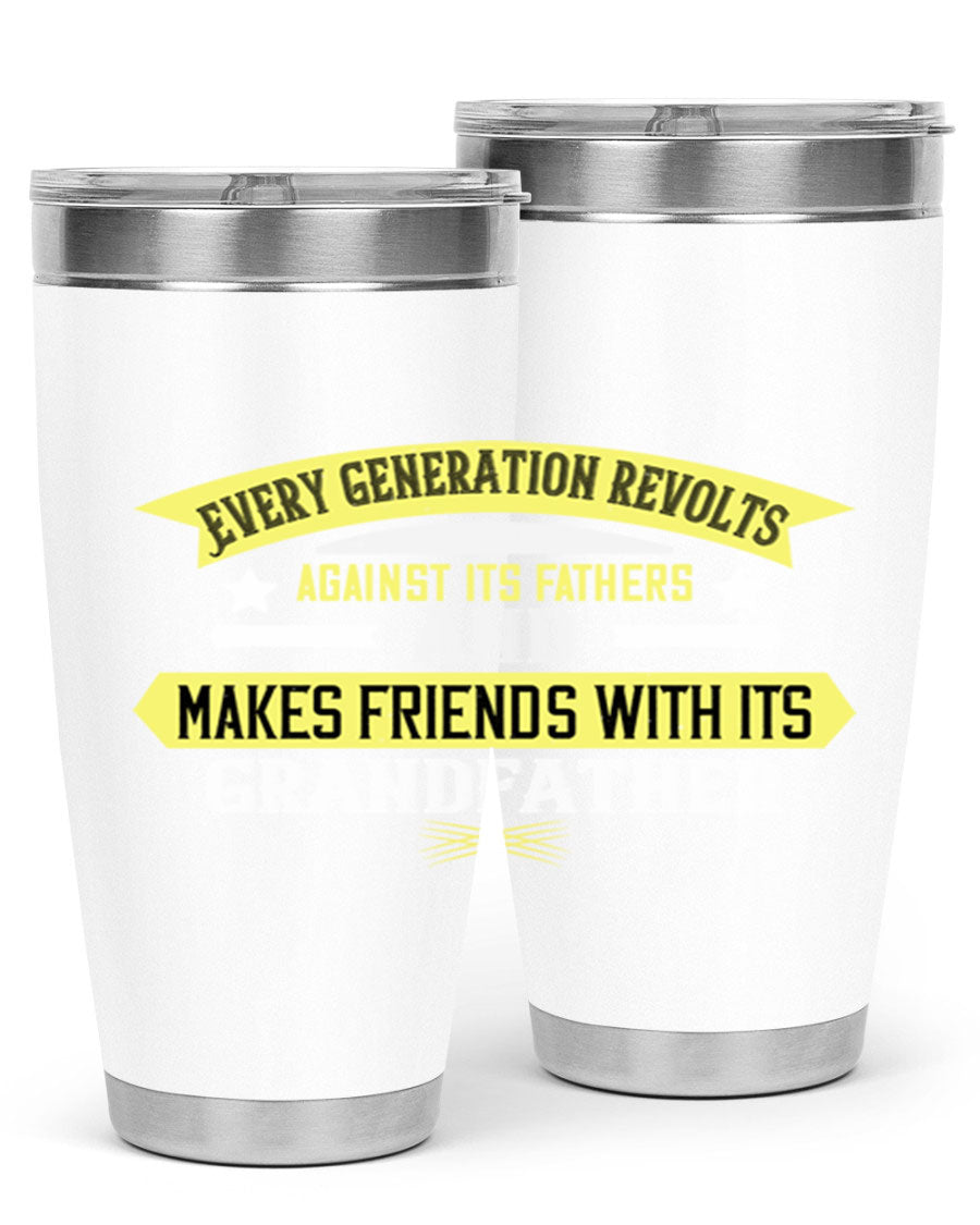 Every Generation Revolts Against Its Fathers Tumbler in stainless steel, showcasing its sleek design and drink-thru lid.
