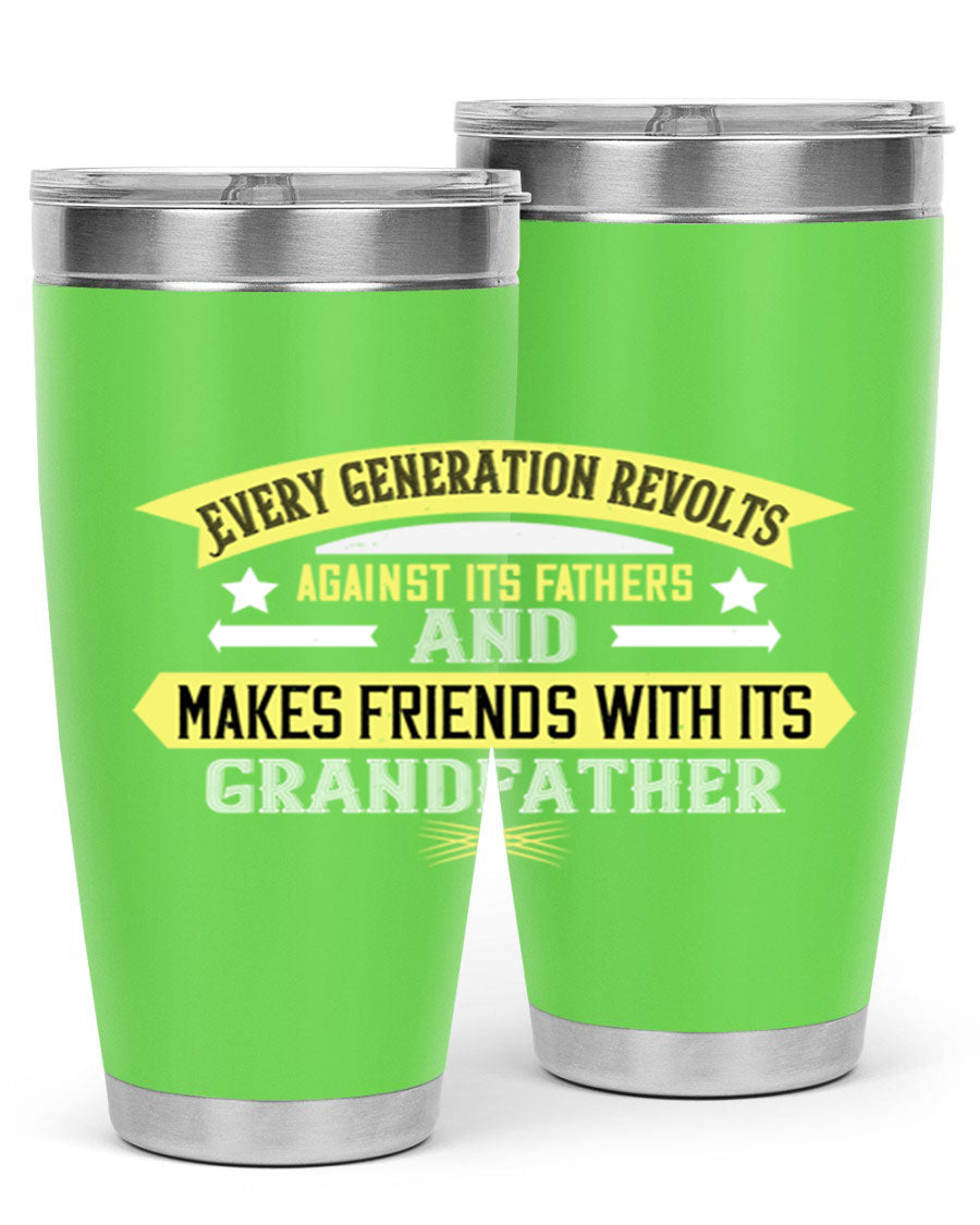 Every Generation Revolts Against Its Fathers Tumbler in stainless steel, showcasing its sleek design and drink-thru lid.