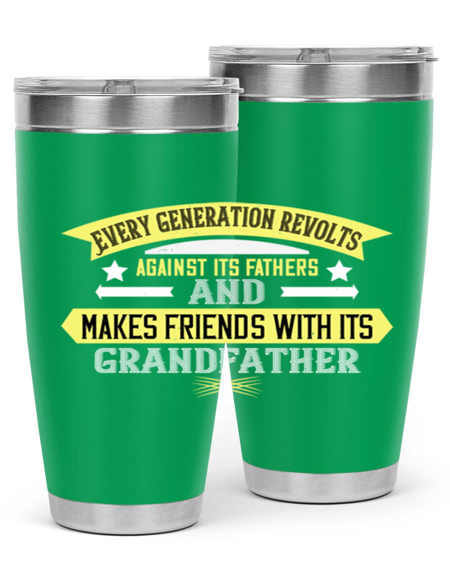 Every Generation Revolts Against Its Fathers Tumbler in stainless steel, showcasing its sleek design and drink-thru lid.