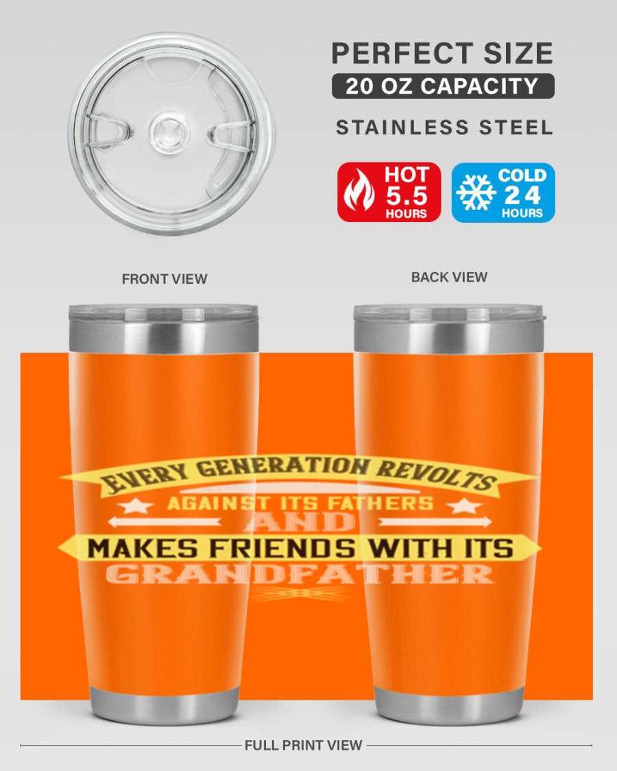 Every Generation Revolts Against Its Fathers Tumbler in stainless steel, showcasing its sleek design and drink-thru lid.