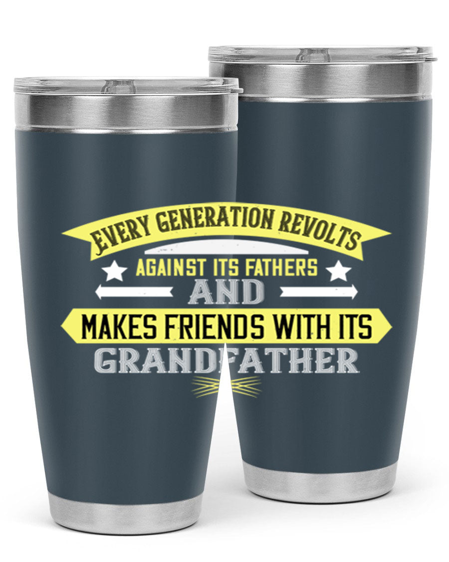 Every Generation Revolts Against Its Fathers Tumbler in stainless steel, showcasing its sleek design and drink-thru lid.