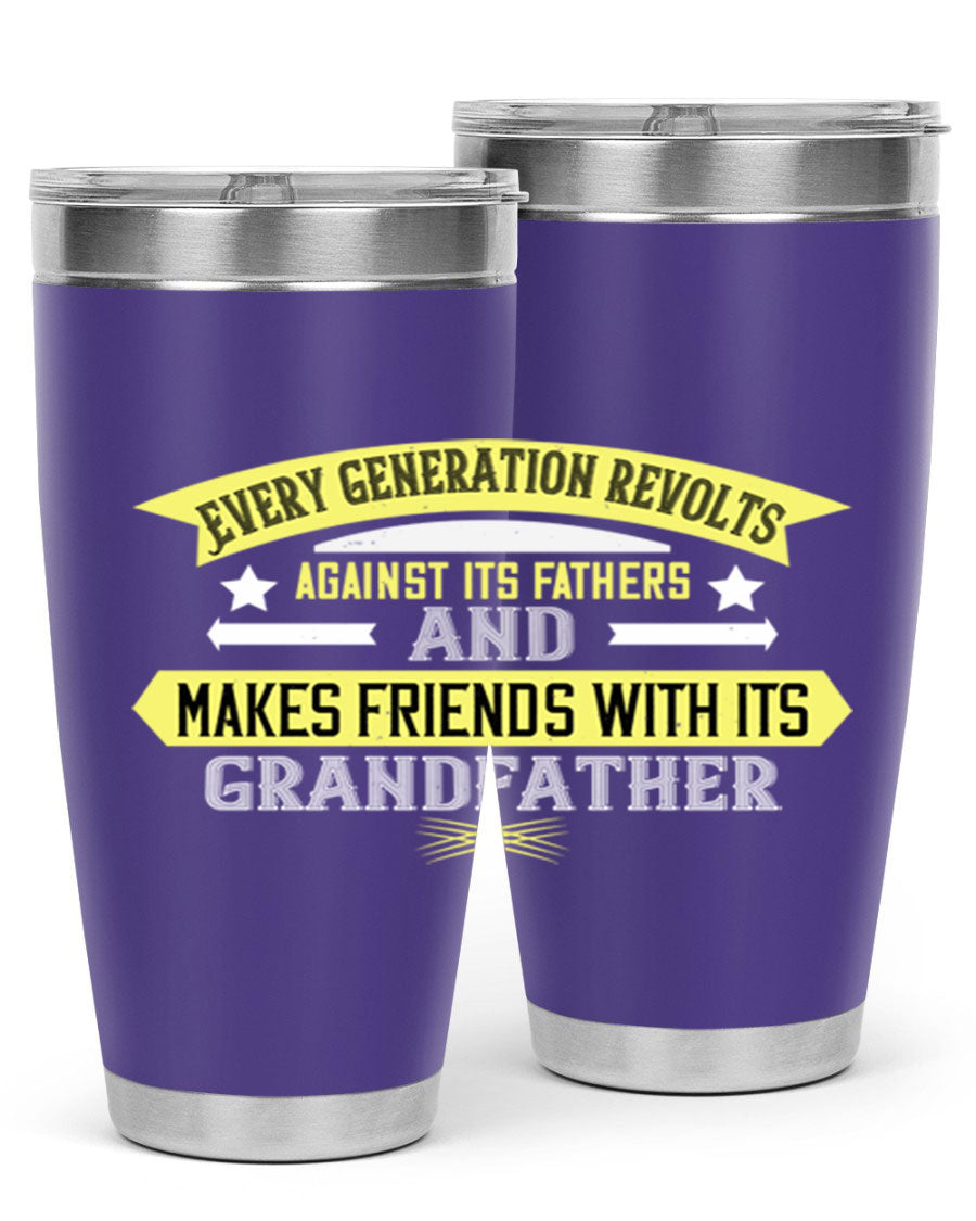 Every Generation Revolts Against Its Fathers Tumbler in stainless steel, showcasing its sleek design and drink-thru lid.