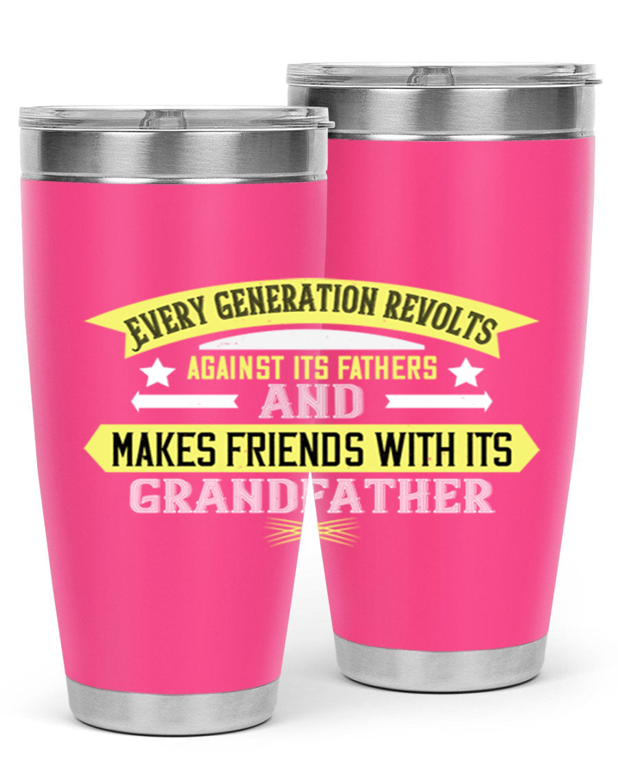 Every Generation Revolts Against Its Fathers Tumbler in stainless steel, showcasing its sleek design and drink-thru lid.