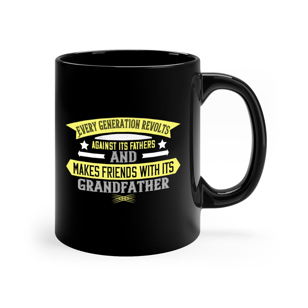 Every Generation Revolts Against Its Fathers Mug featuring a two-tone design with a colored handle and glossy finish, available in multiple colors.