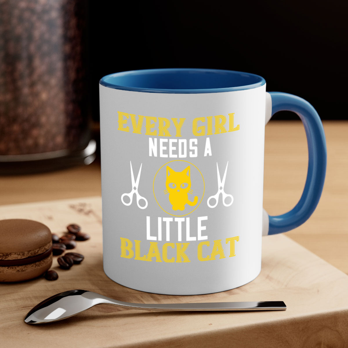A stylish black cat-themed coffee mug with a glossy finish, featuring a colored handle and interior, available in multiple colors.