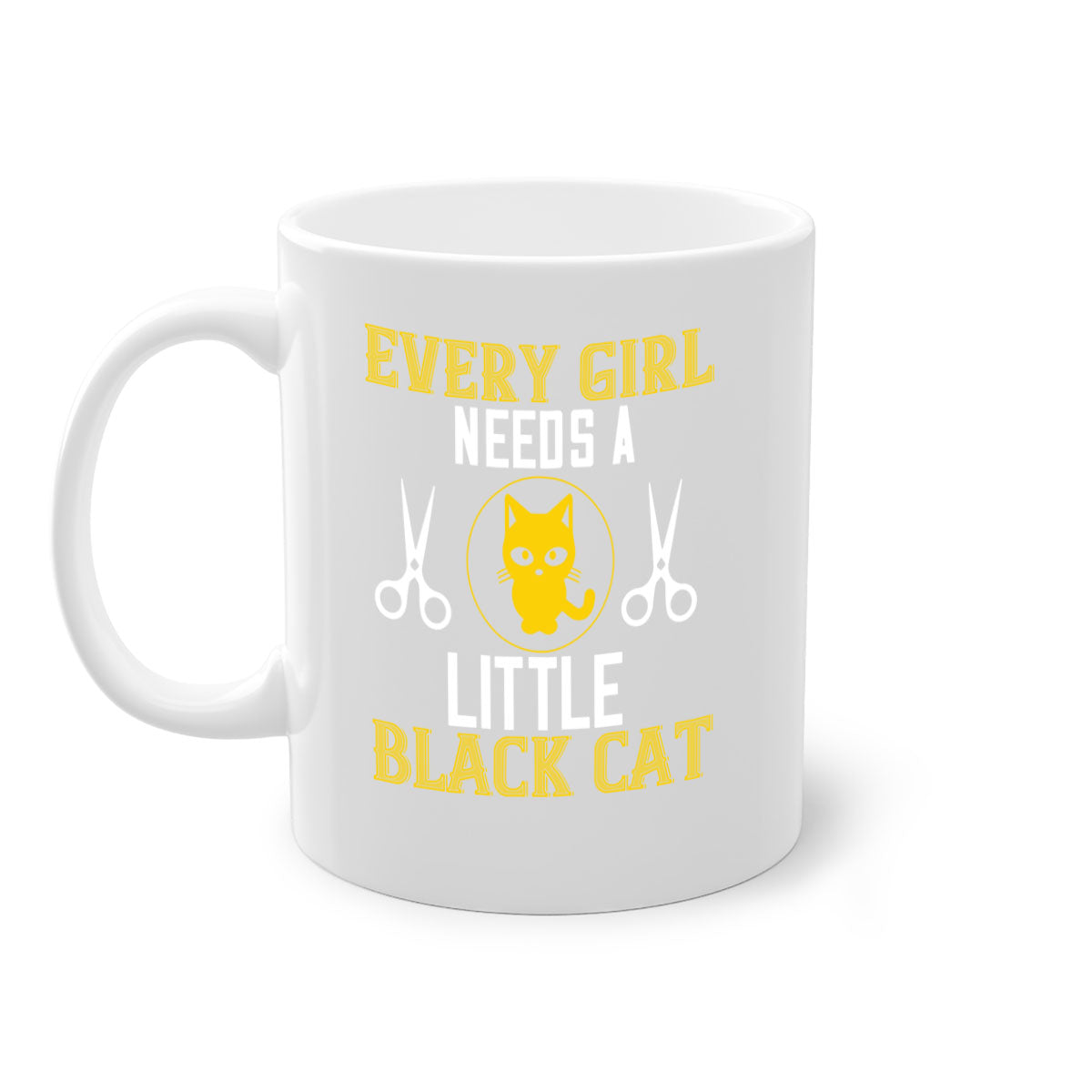 A stylish black cat-themed coffee mug with a glossy finish, featuring a colored handle and interior, available in multiple colors.
