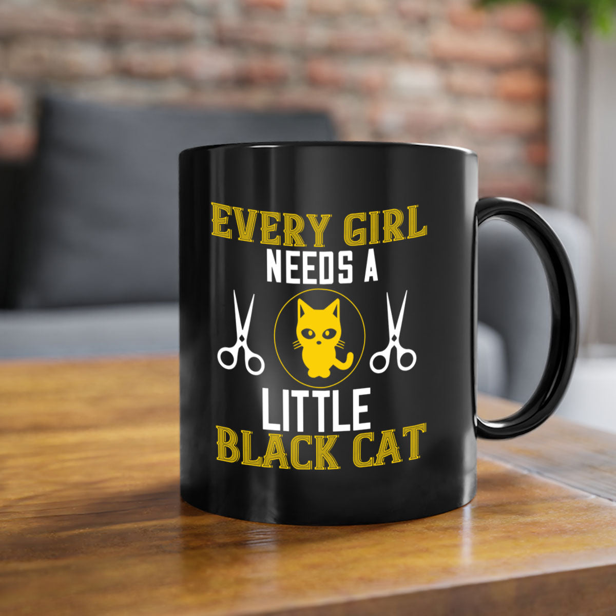 A stylish black cat-themed coffee mug with a glossy finish, featuring a colored handle and interior, available in multiple colors.