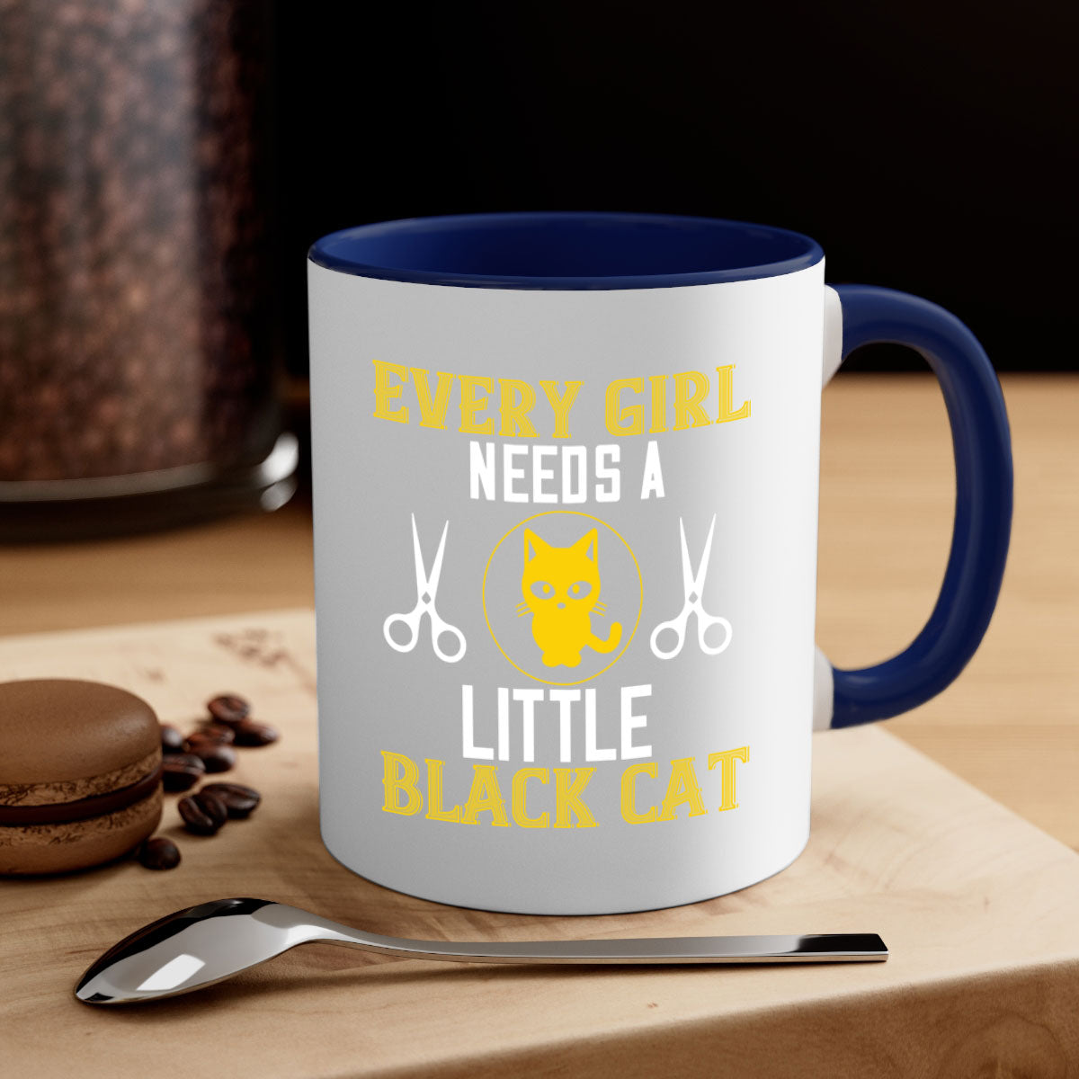 A stylish black cat-themed coffee mug with a glossy finish, featuring a colored handle and interior, available in multiple colors.