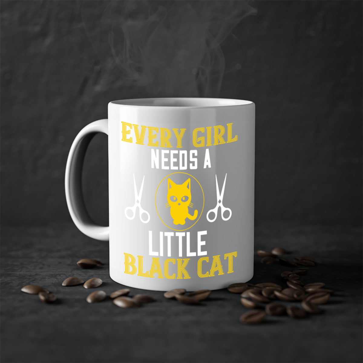 A stylish black cat-themed coffee mug with a glossy finish, featuring a colored handle and interior, available in multiple colors.