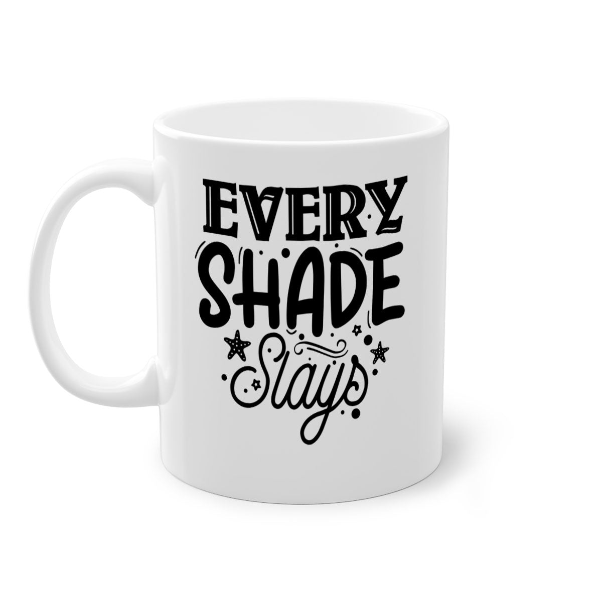 Every Shade Slays Style 38# Mug in various colors with a glossy finish and C-shaped handle.
