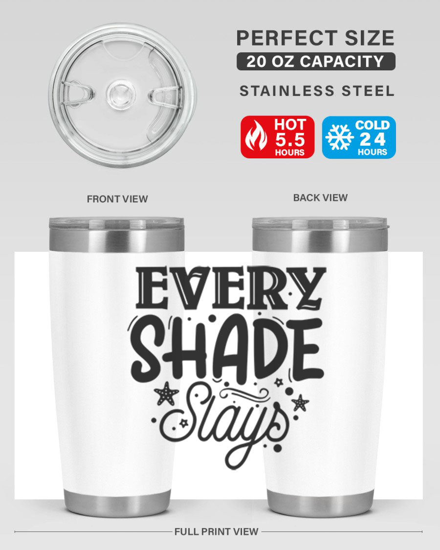 Every Shade Slays Style 38# Tumbler in vibrant colors, showcasing its double wall vacuum stainless steel design and drink-thru lid.
