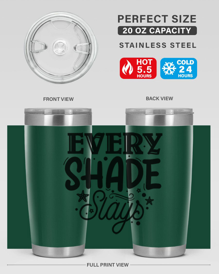 Every Shade Slays Style 38# Tumbler in vibrant colors, showcasing its double wall vacuum stainless steel design and drink-thru lid.