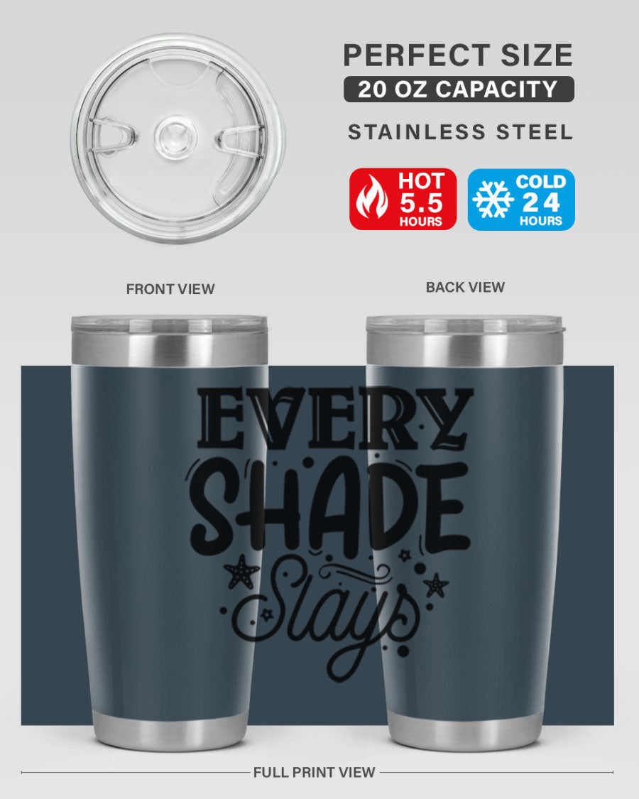 Every Shade Slays Style 38# Tumbler in vibrant colors, showcasing its double wall vacuum stainless steel design and drink-thru lid.