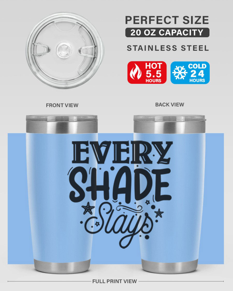Every Shade Slays Style 38# Tumbler in vibrant colors, showcasing its double wall vacuum stainless steel design and drink-thru lid.