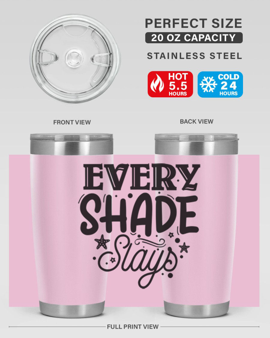 Every Shade Slays Style 38# Tumbler in vibrant colors, showcasing its double wall vacuum stainless steel design and drink-thru lid.