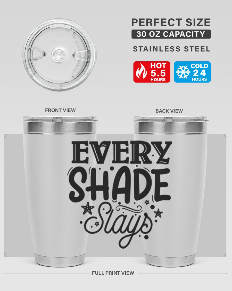 Every Shade Slays Style 38# Tumbler in vibrant colors, showcasing its double wall vacuum stainless steel design and drink-thru lid.
