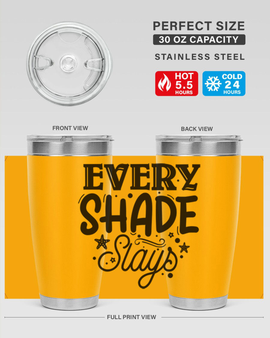 Every Shade Slays Style 38# Tumbler in vibrant colors, showcasing its double wall vacuum stainless steel design and drink-thru lid.